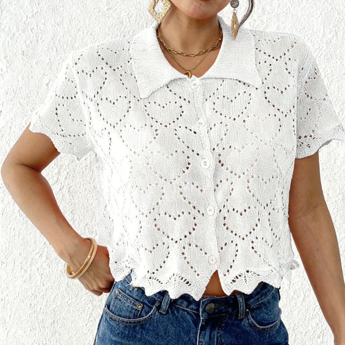 Women's Open Front Cardigan Heart Jacquard Knit Polo Top