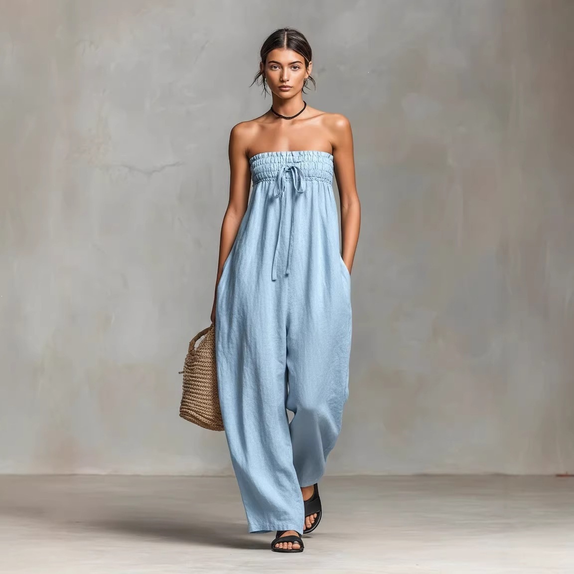 Women's Cotton-Linen Blend Strapless Tube Jumpsuit with Straight-Leg Pants