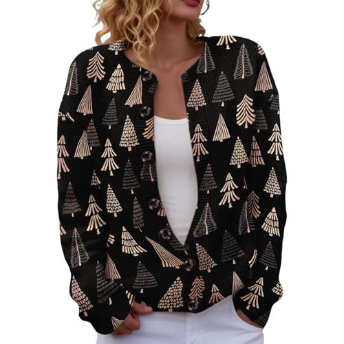 Women's Christmas Tree Snowflake Snowman Reindeer Print Button Cardigan Sweater