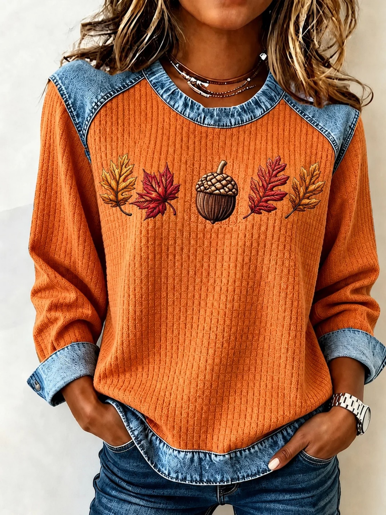 Nut Leaf Maple Print Crewneck Long Sleeve Pullover Sweatshirt