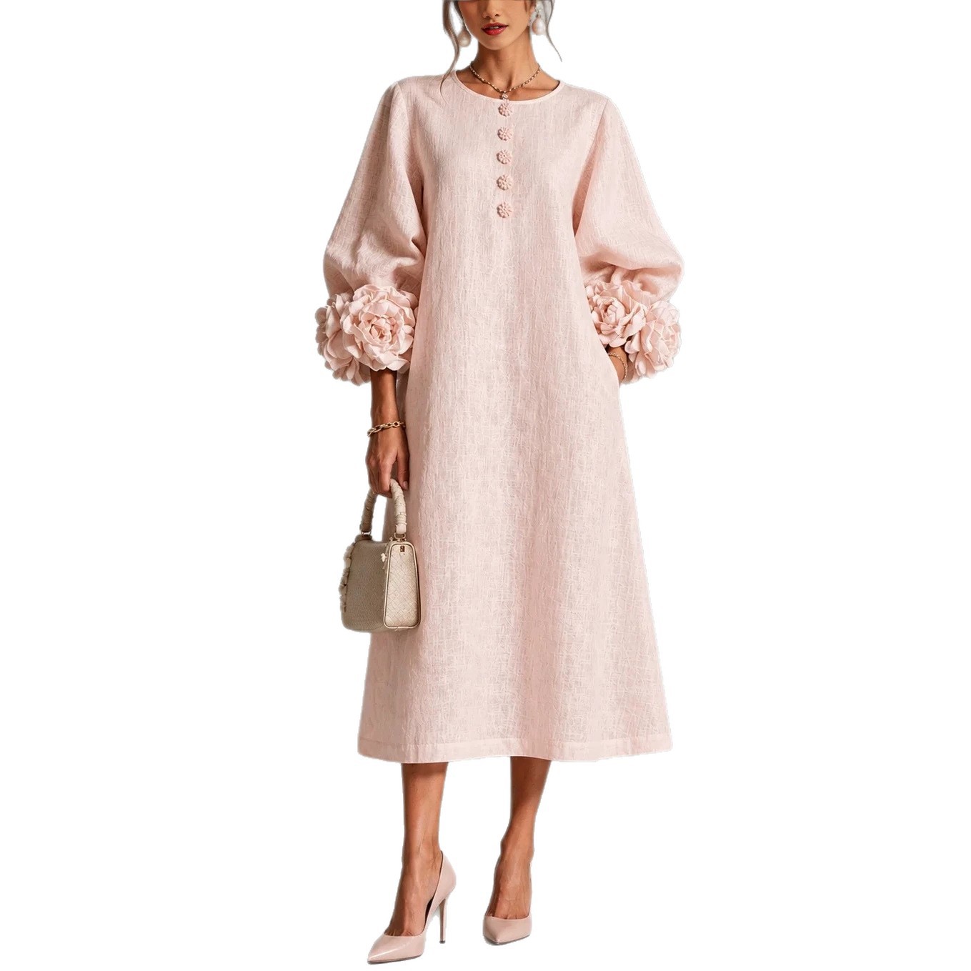 French 3D Floral Lantern Sleeve Midi Dress