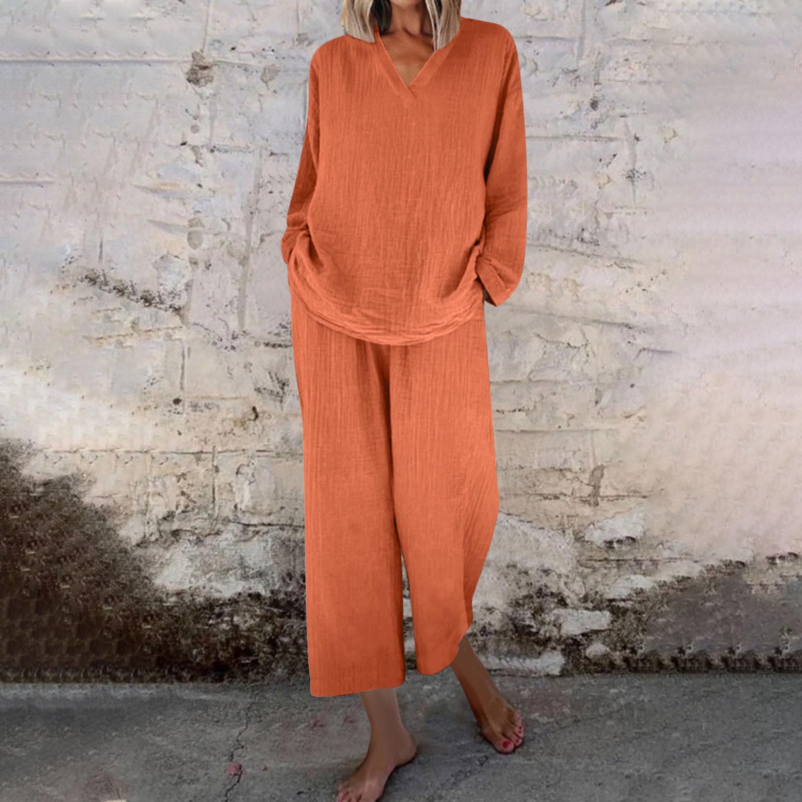 Women's Casual V-Neck Long-Sleeve Top and Pocket Pants Set