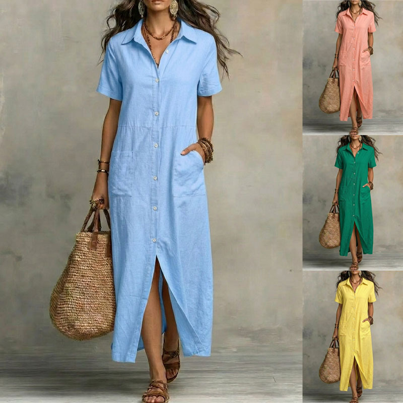 Women's Button-Front Short-Sleeve Casual Dress with Pockets
