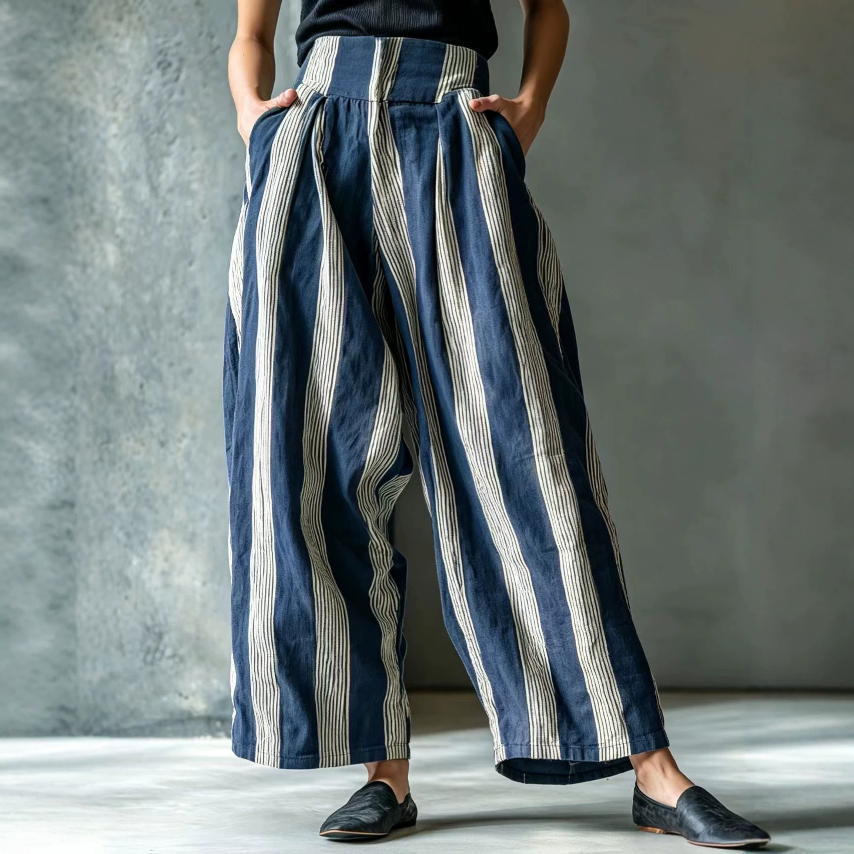 Striped Linen-Blend Wide-Leg Pants for Women, Relaxed Fit, High Waist