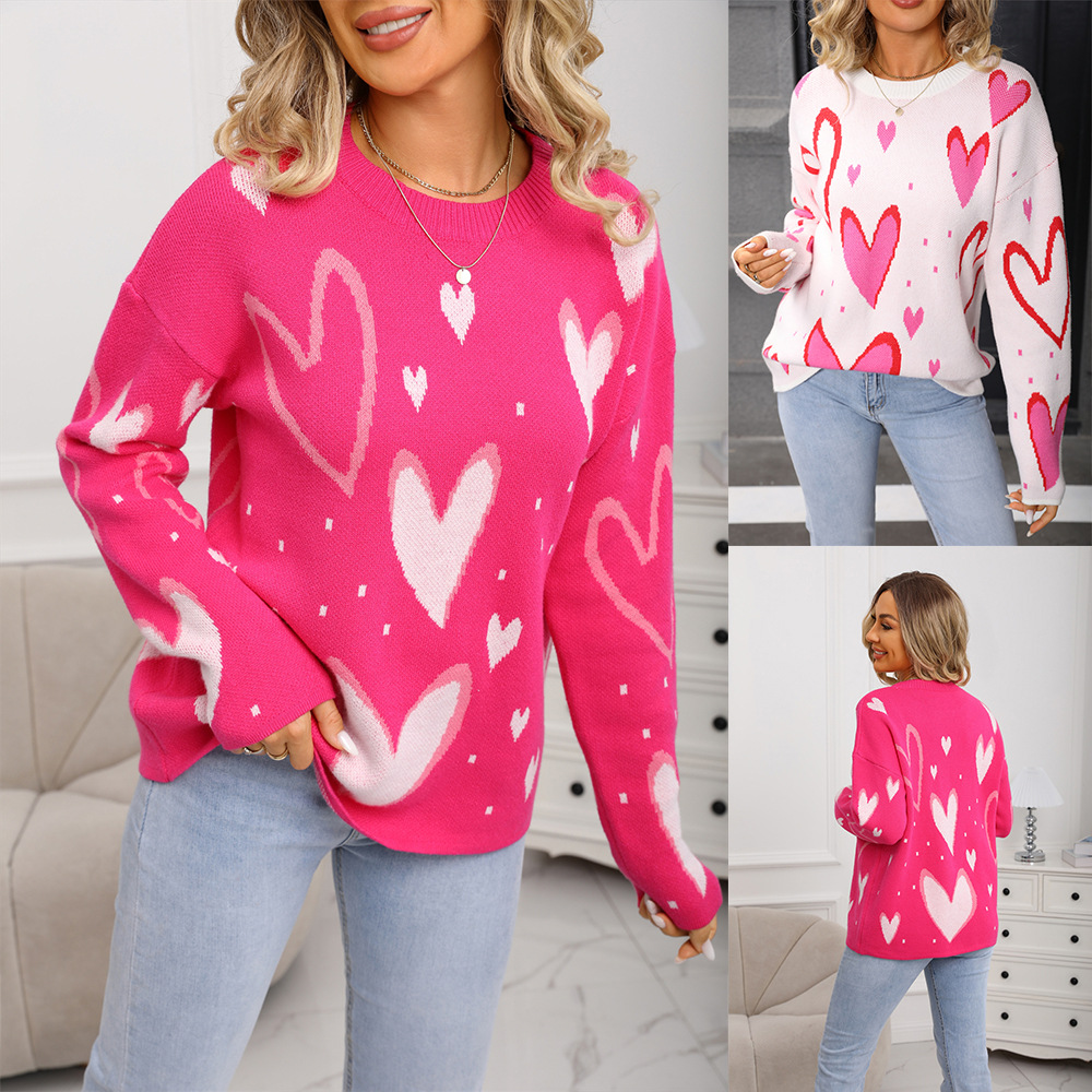 Women's Heart Crewneck Pullover Sweater Long Sleeve Loose Knit Top