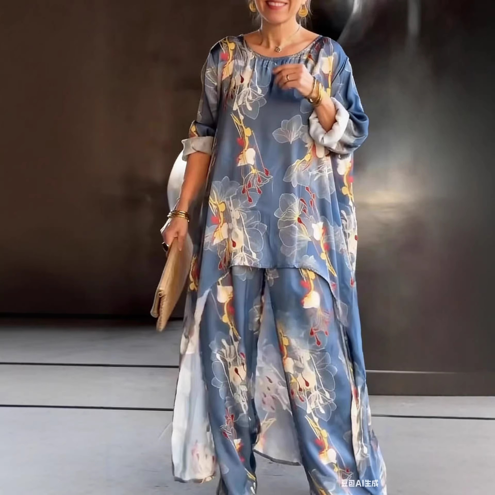 Women's Printed Round Neck Irregular Long Top and Wide-Leg Pants Casual Set