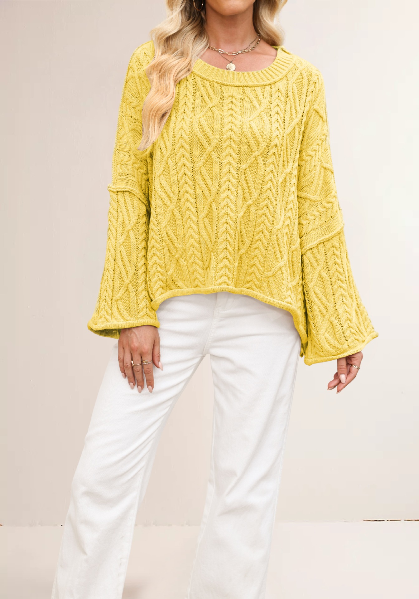 Cable Knit Cropped Sweater Plus Size Loose Crew Neck Pullover