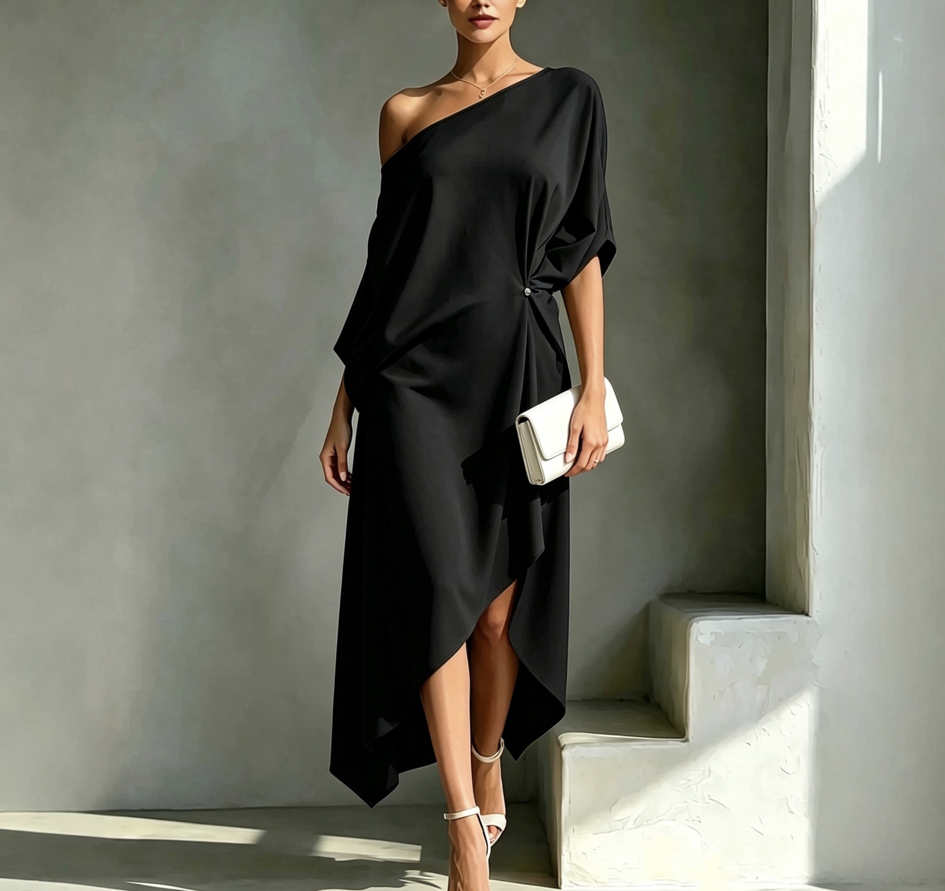 Women's Summer Long Dress French Minimalist Solid Color Elegant One-Shoulder