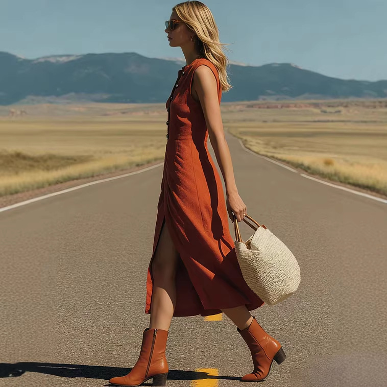Orange Sleeveless V-Neck Slit Midi Dress