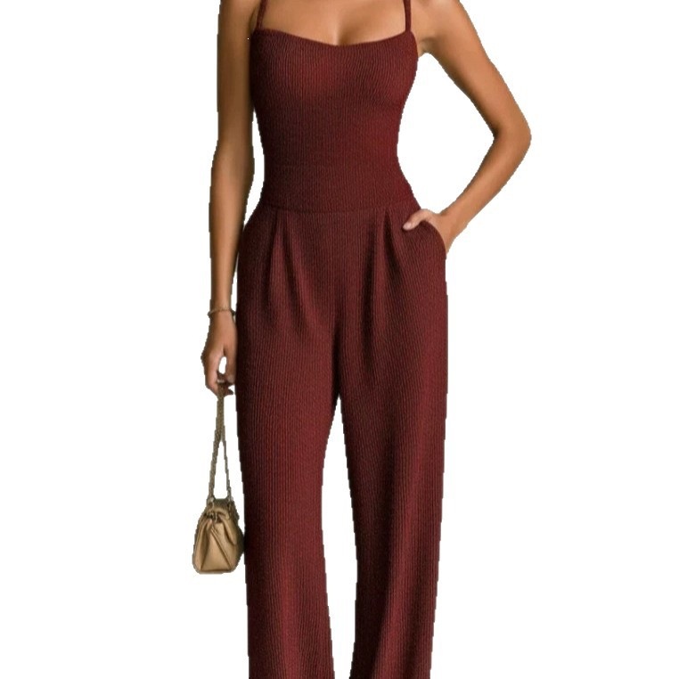 Women's Ribbed Knit Sleeveless Wide-Leg Jumpsuit Solid Color