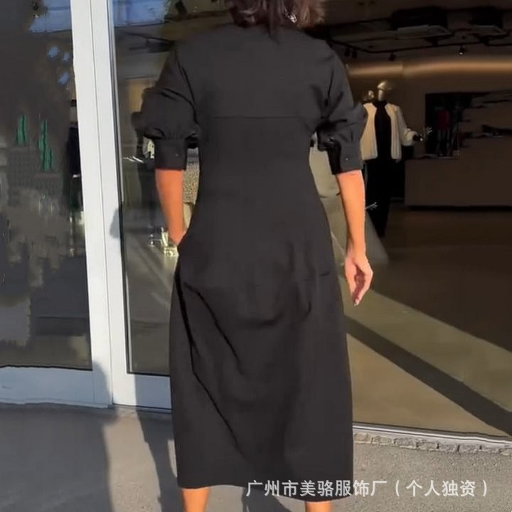 Women's Retro Loose Midi Dress with V-Neck and High Waist