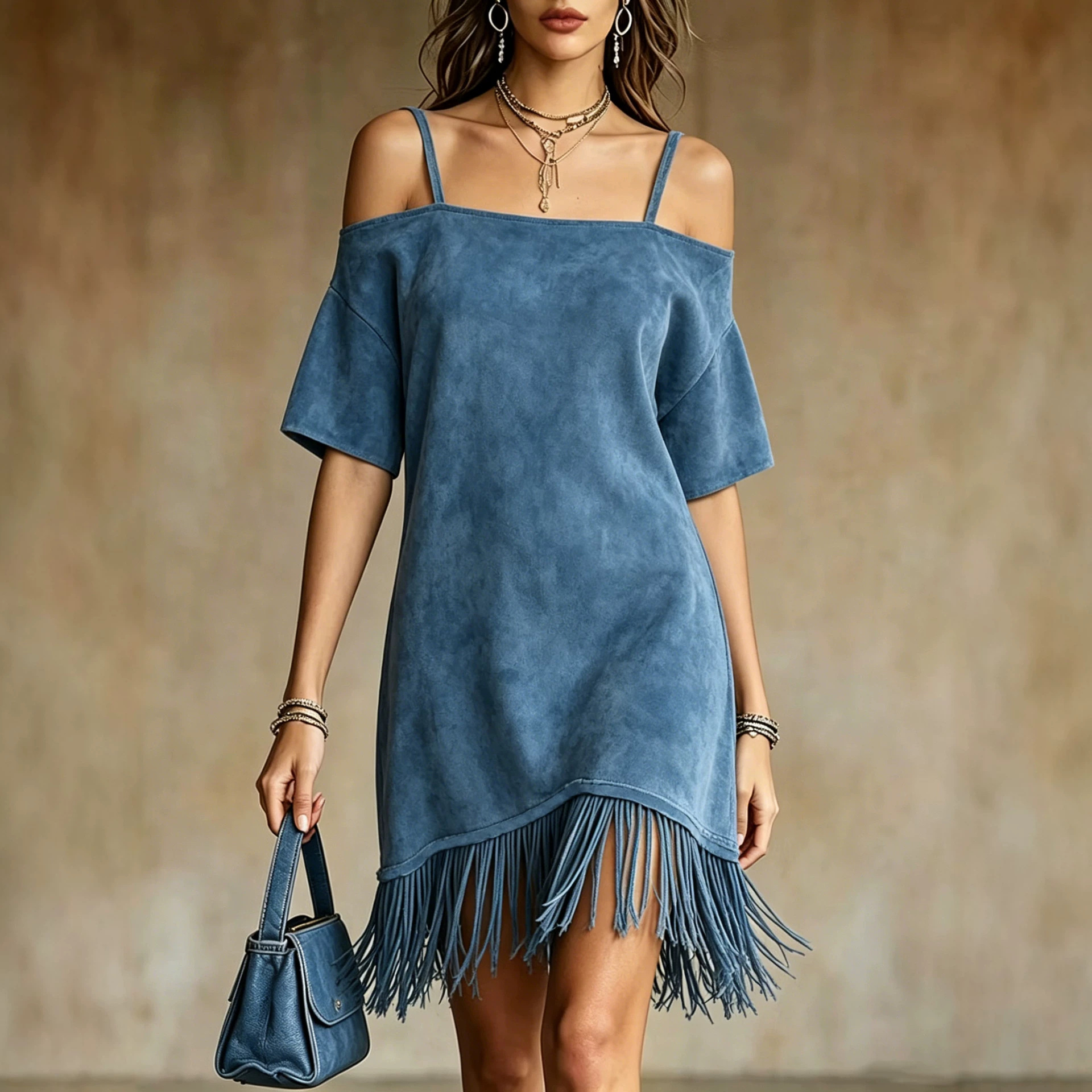 Suede Off-Shoulder Cami Dress with Fringe Hem Western Midi