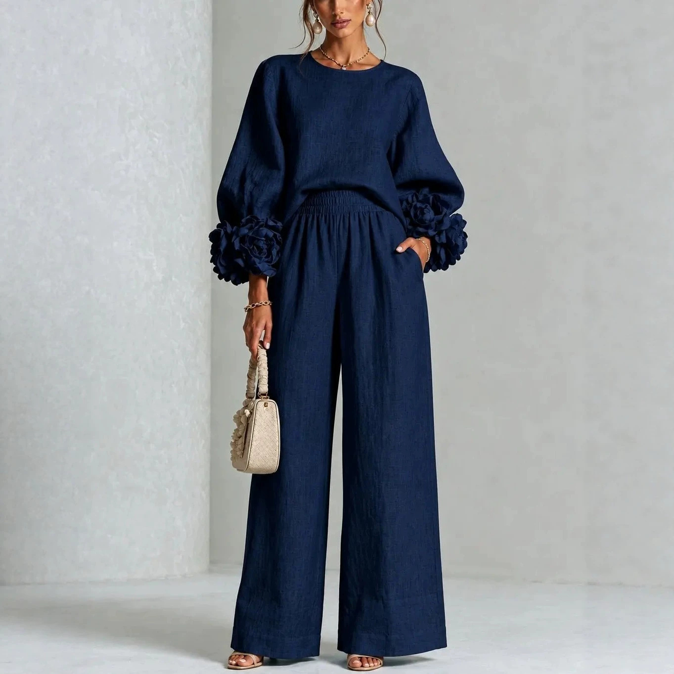 Women's Solid Color Floral Print Two-Piece Pants Set