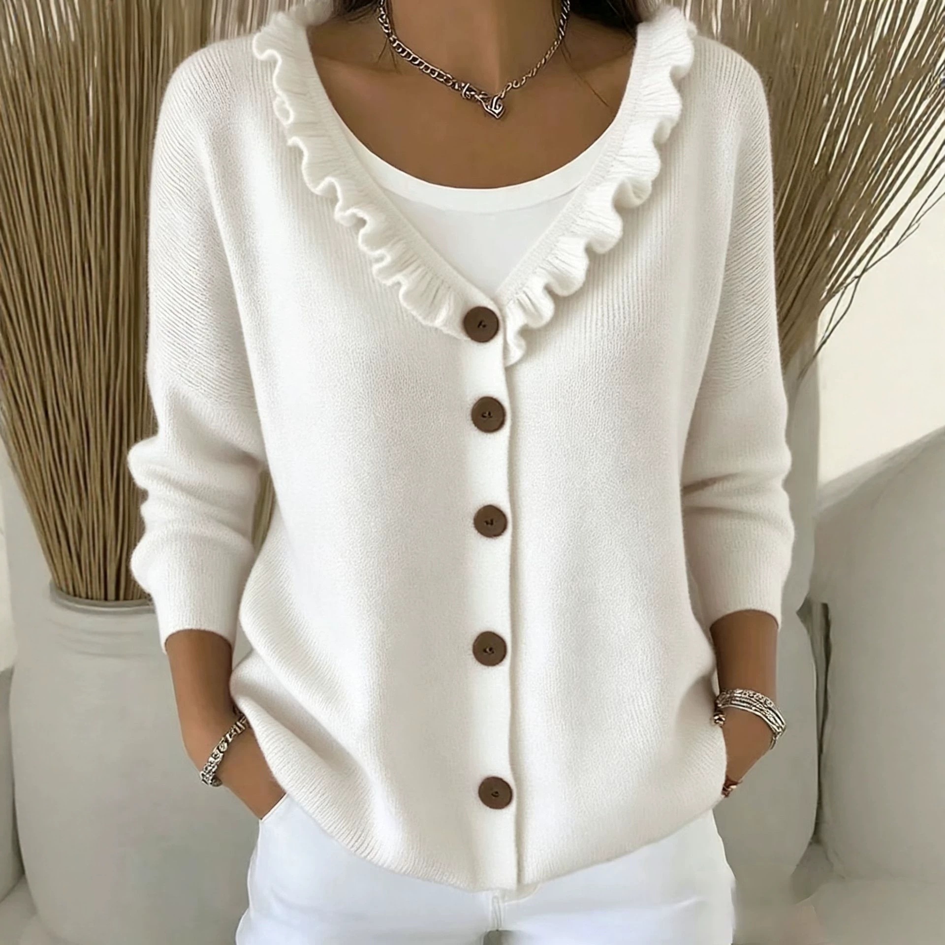 Ruffle Trim V-Neck Knit Cardigan Sweater