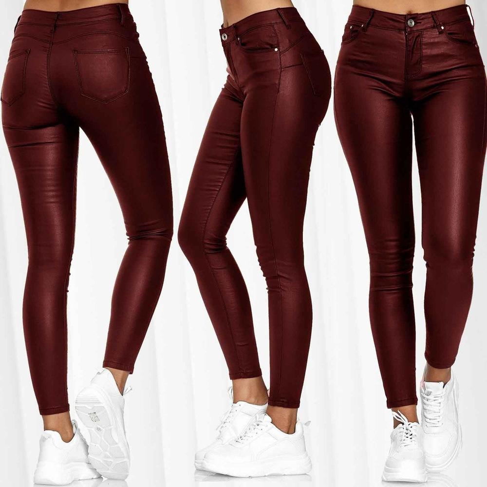 High-Waisted Solid Faux Leather Skinny Pants for Women