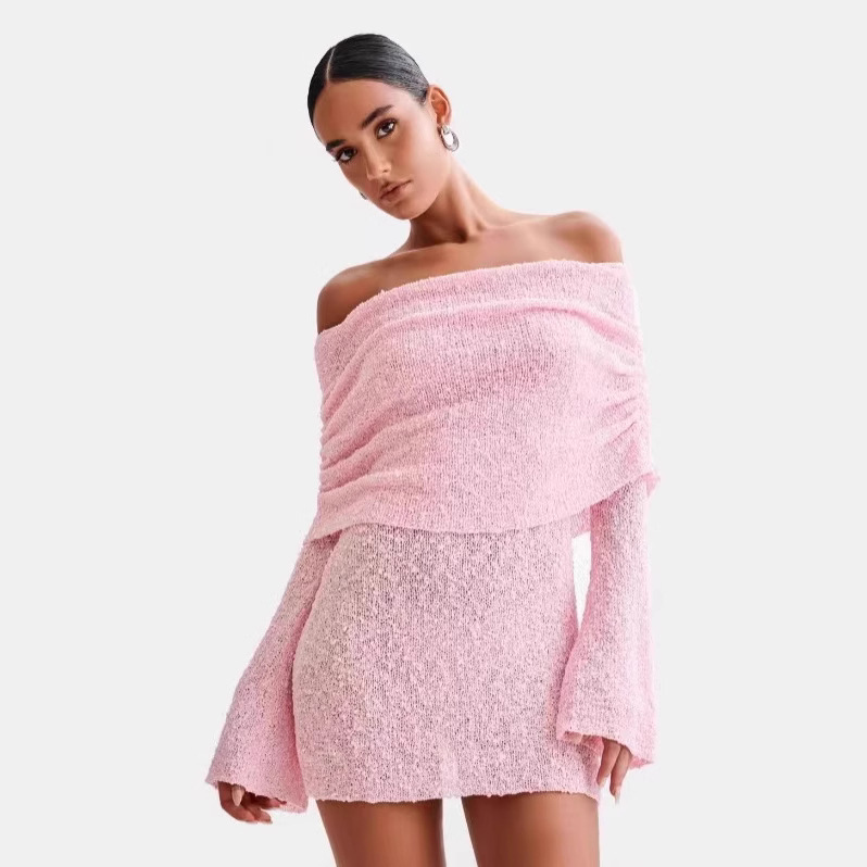 Sheer Knit Off-Shoulder Long-Sleeve Mini Bodycon Dress