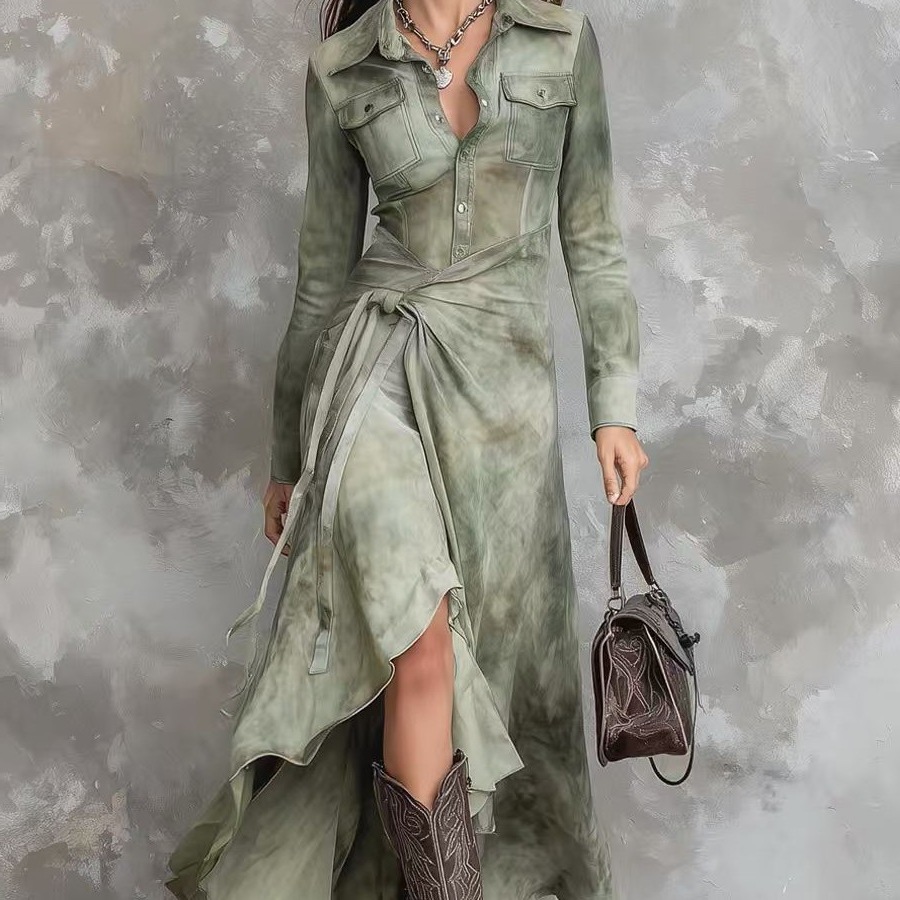Printed Long-Sleeve Vintage-Style A-Line Maxi Dress with Tie Detail