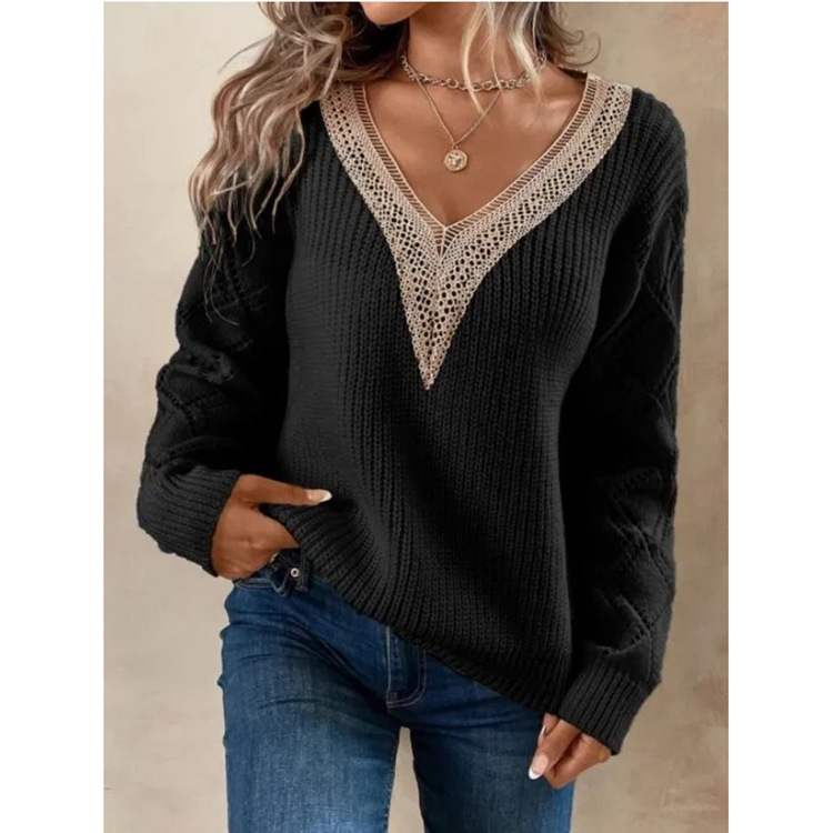V-Neck Loose Knit Sweater for Women Casual Pullover