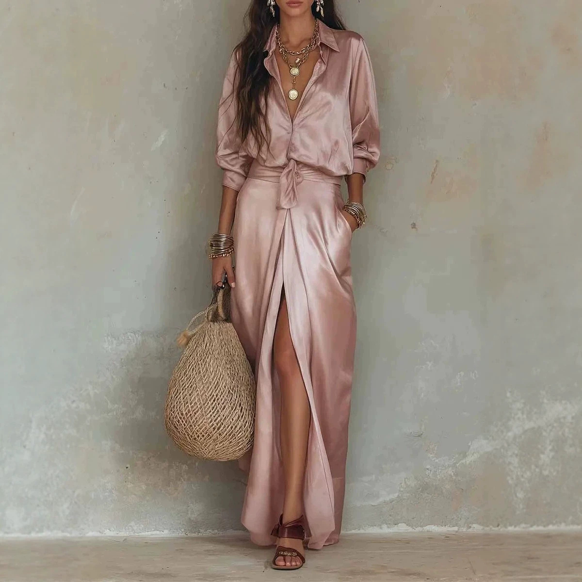 Women's Solid Color Skirt and Shirt Two-Piece Set