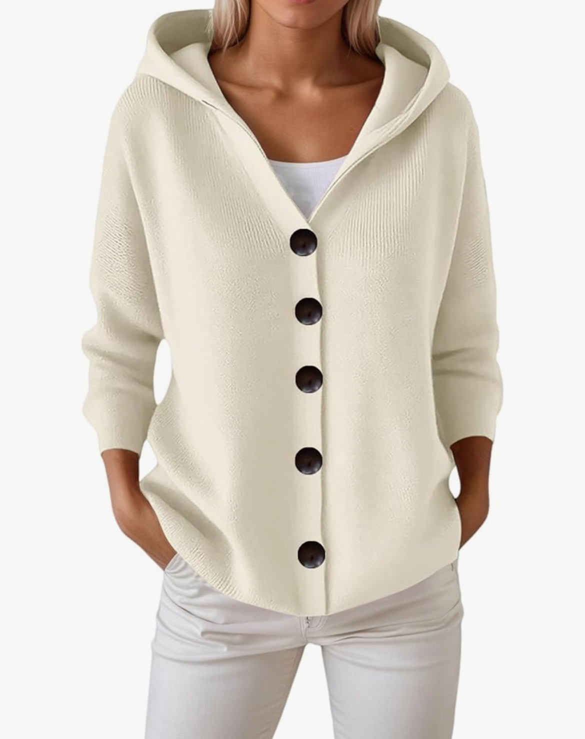 Button-Up Hooded Knit Cardigan Sweater, Solid Color Casual Women's Outerwear