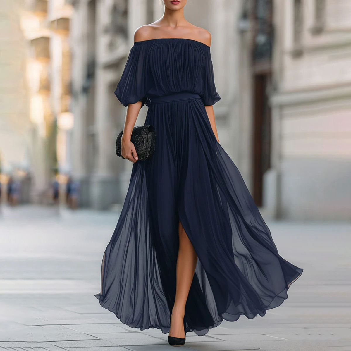 Off-Shoulder Ruched Solid Color Long Dress