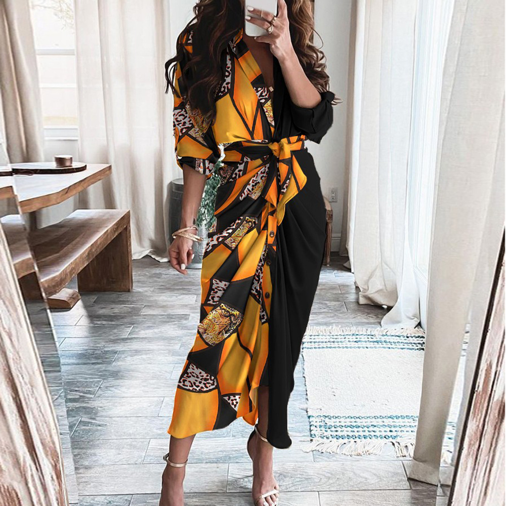 V-Neck Printed Tie-Waist Casual Dress