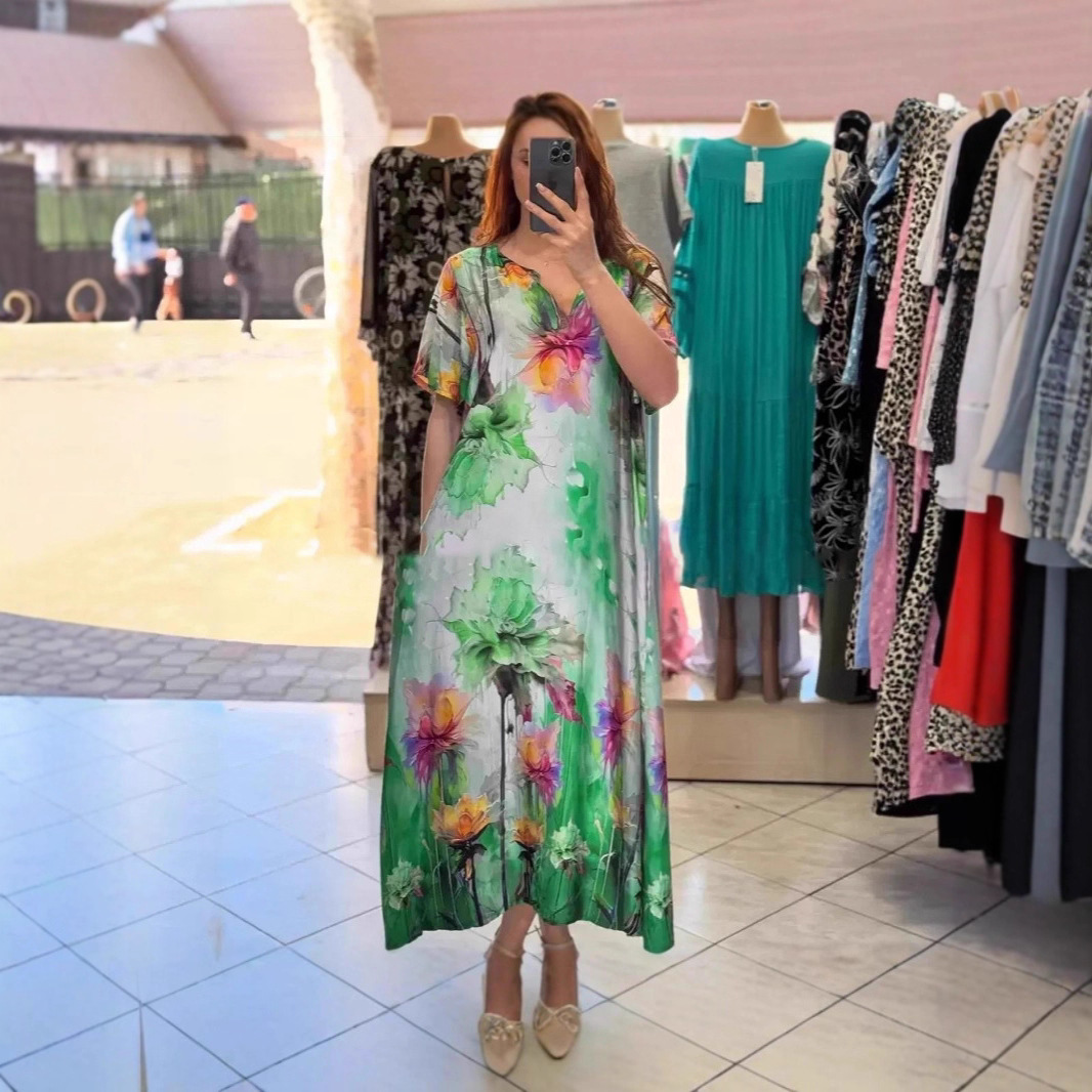 Women's Printed V-Neck Collared Casual Long Vacation Dress