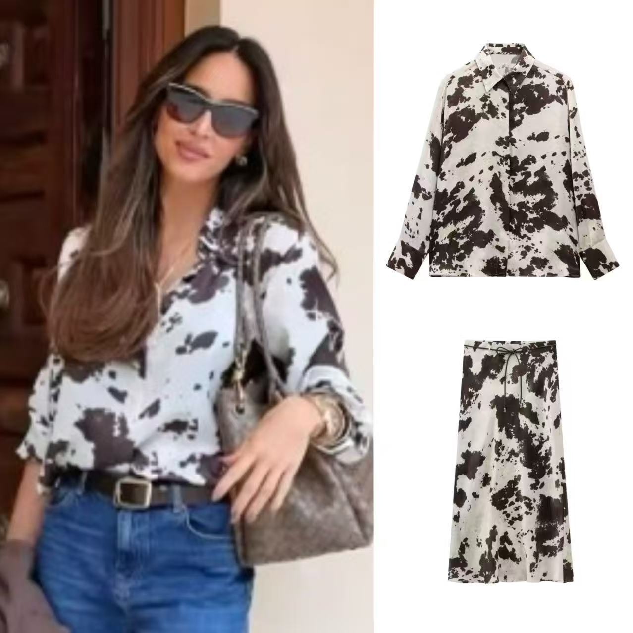 Women's Animal Print Midi Skirt and Shirt Set