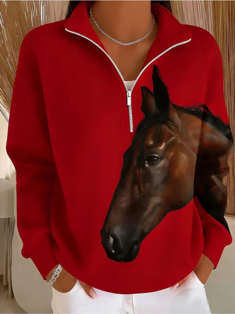 Horse Print Half-Zip Hoodie for Women