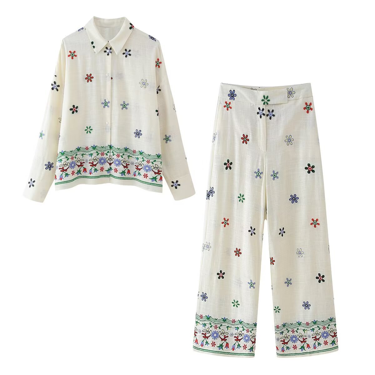 Floral Embroidered Shirt and Straight-Leg Pants Set
