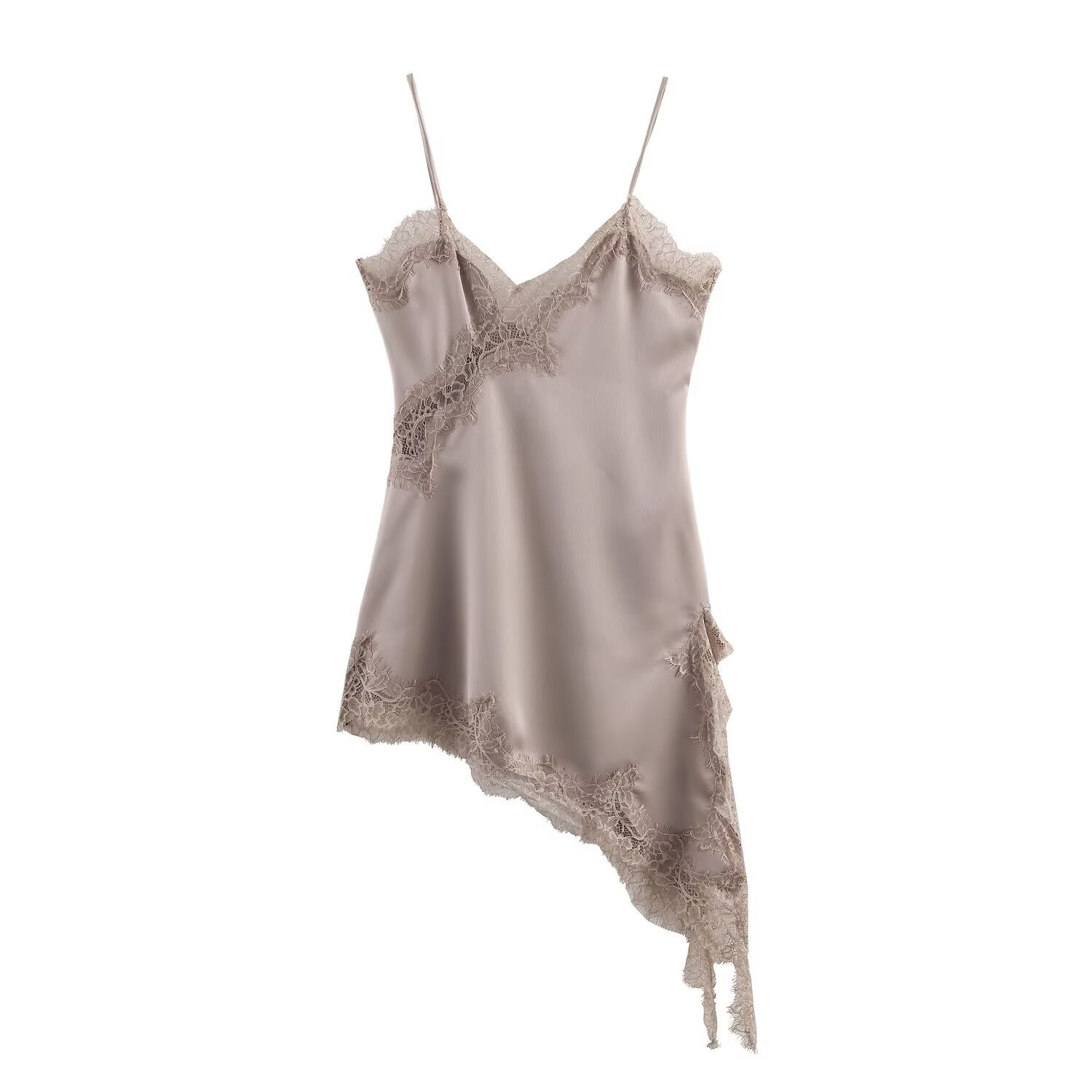 Women's Lace Asymmetric Dress with Deep V-Neck Sleeveless Slim Fit