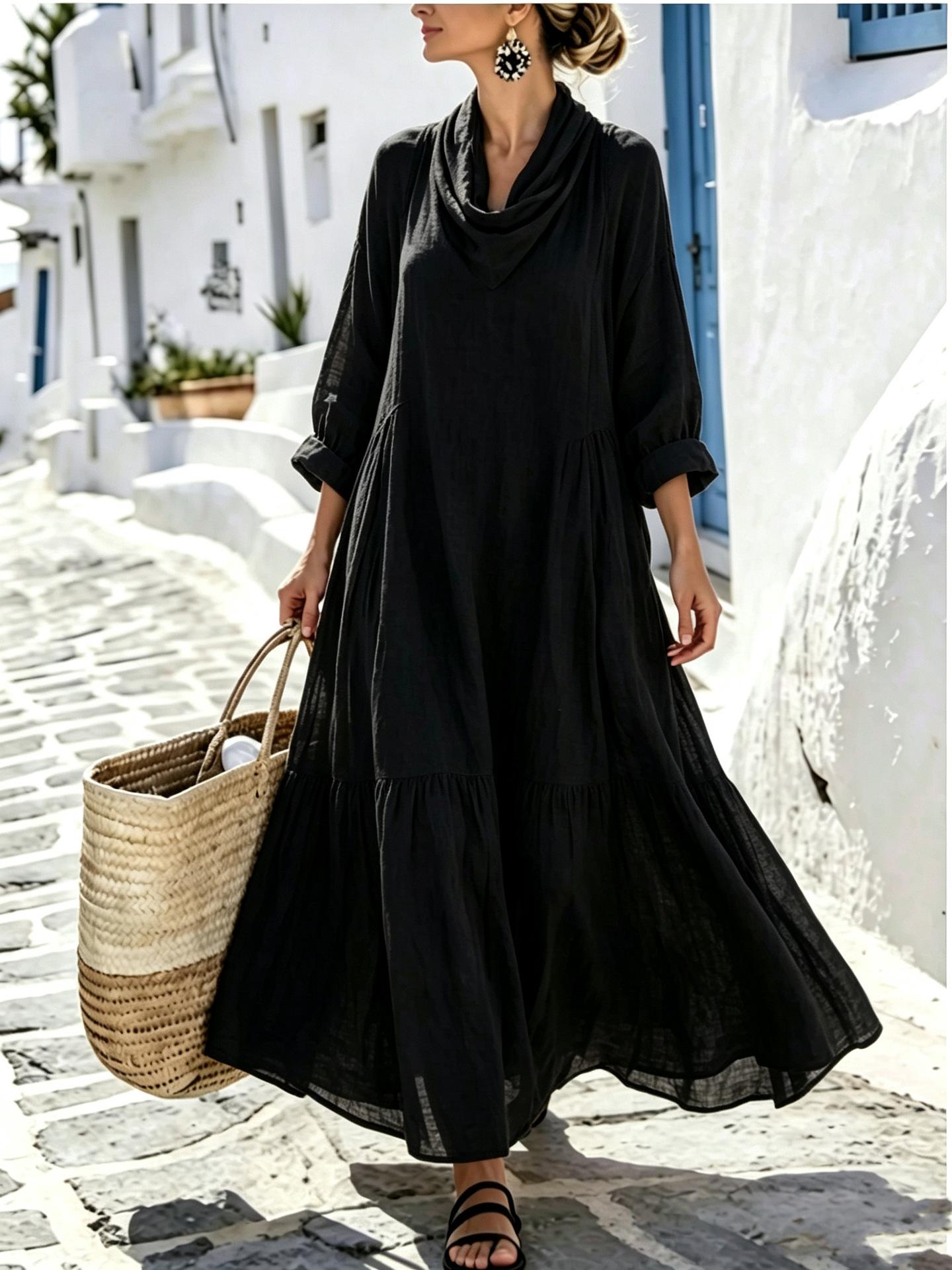 Women's Elegant Bohemian Textured Solid Color Long Sleeve Cowl Neck Wide Hem Maxi Dress