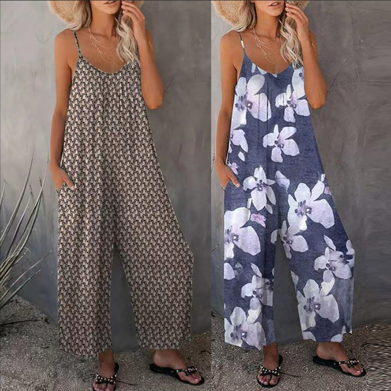 Women's Printed Sleeveless Wide-Leg Jumpsuit with Pockets