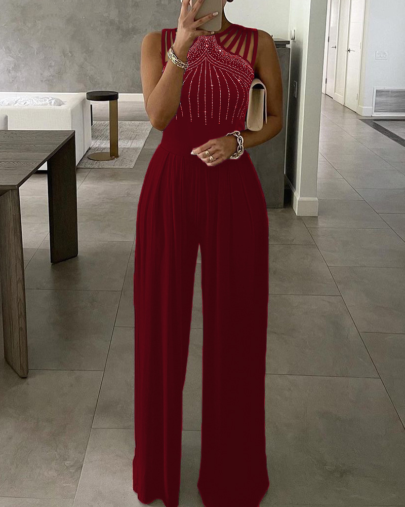 Women's Sleeveless Jumpsuit with Rhinestone Accents, Solid Color, Slim Fit, Long Pants