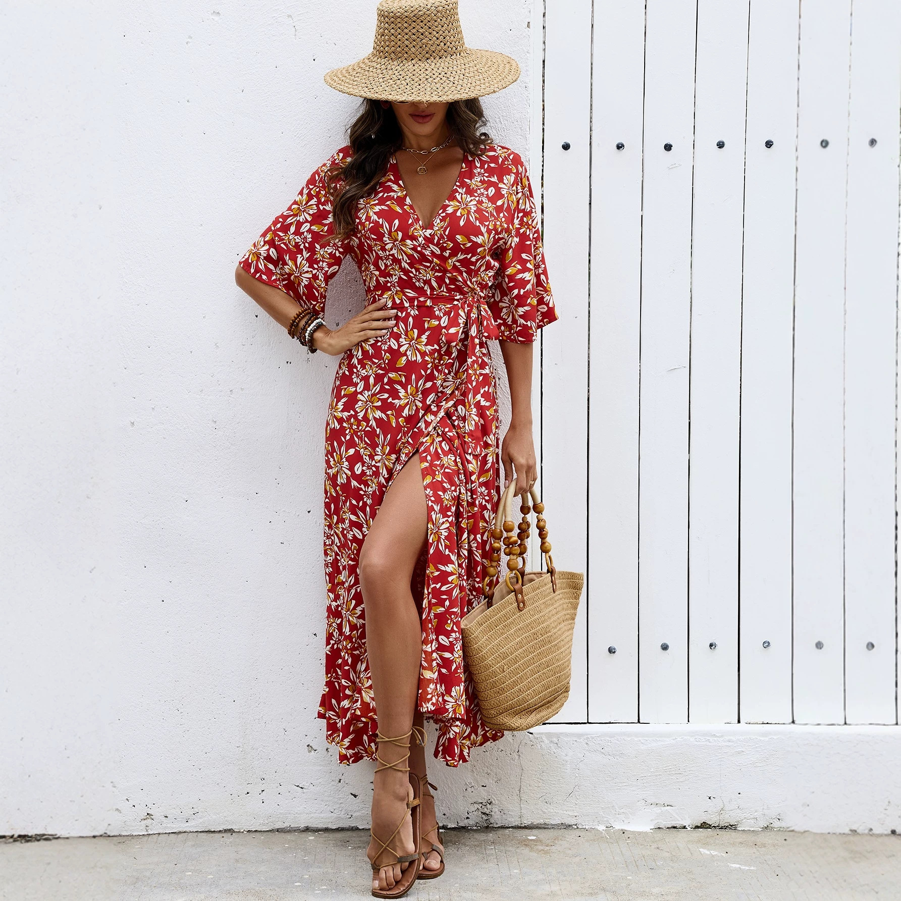 Women's Floral Print V-Neck Slit Midi Dress