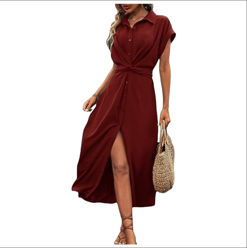 Women's Tie-Waist A-Line Midi Dress Short Sleeve Solid Color