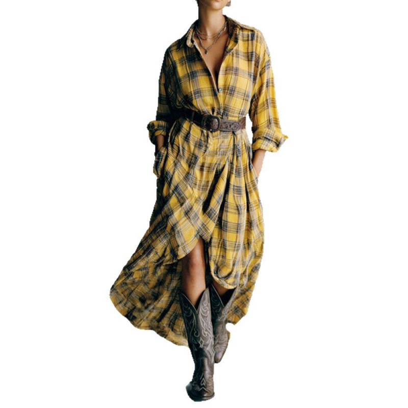 Retro Plaid Long Sleeve Shirt Dress Loose Casual