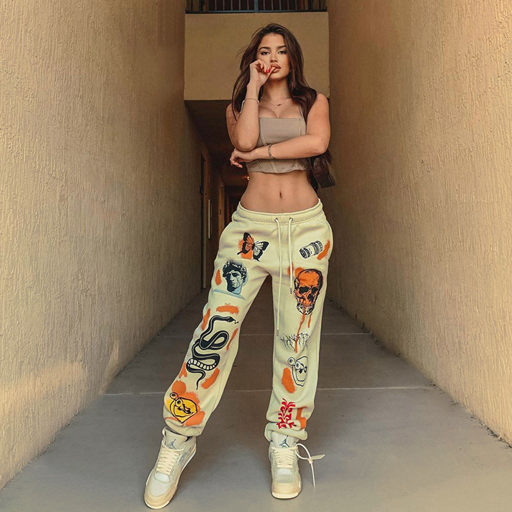 Halloween Streetwear Multi-Pattern Print Lace-Up Thick Warm Casual Pants