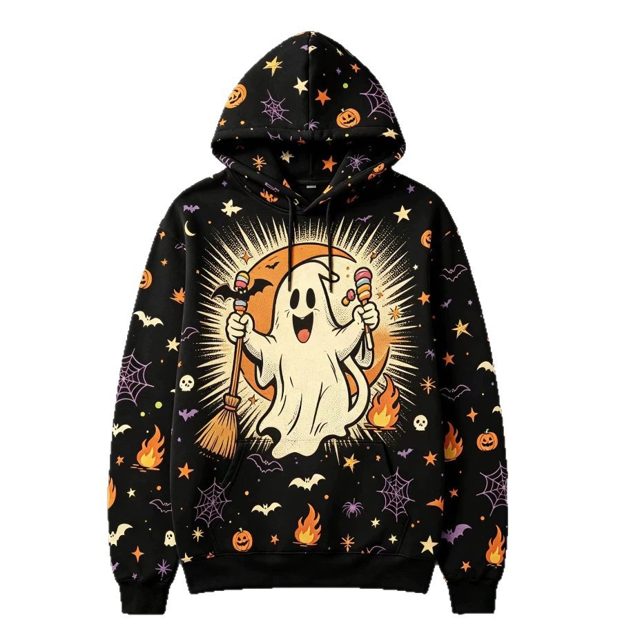 Women's Halloween Print Hoodie Cat Ghost Pullover