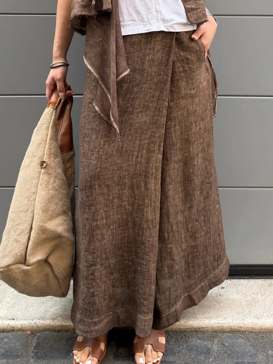 Women's Solid Color Wide-Leg Pants with Pockets and Elastic Waist