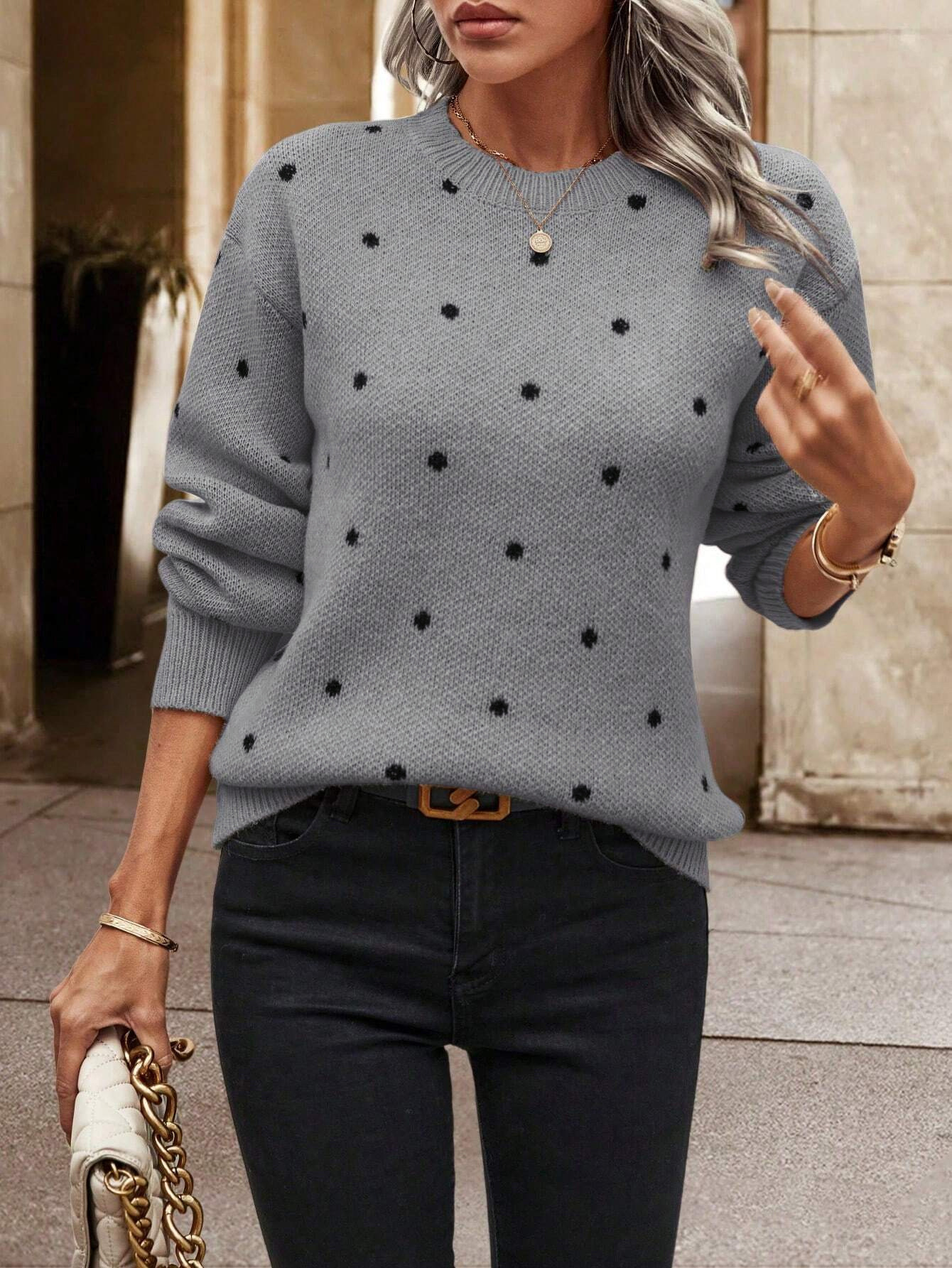 Polka Dot Round Neck Knit Sweater Women's Loose Pullover