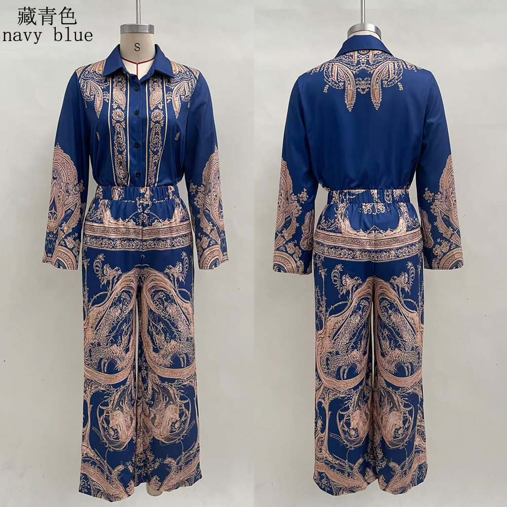 Women's Printed Long Sleeve Shirt & Wide-Leg Pants Set Casual Two-Piece