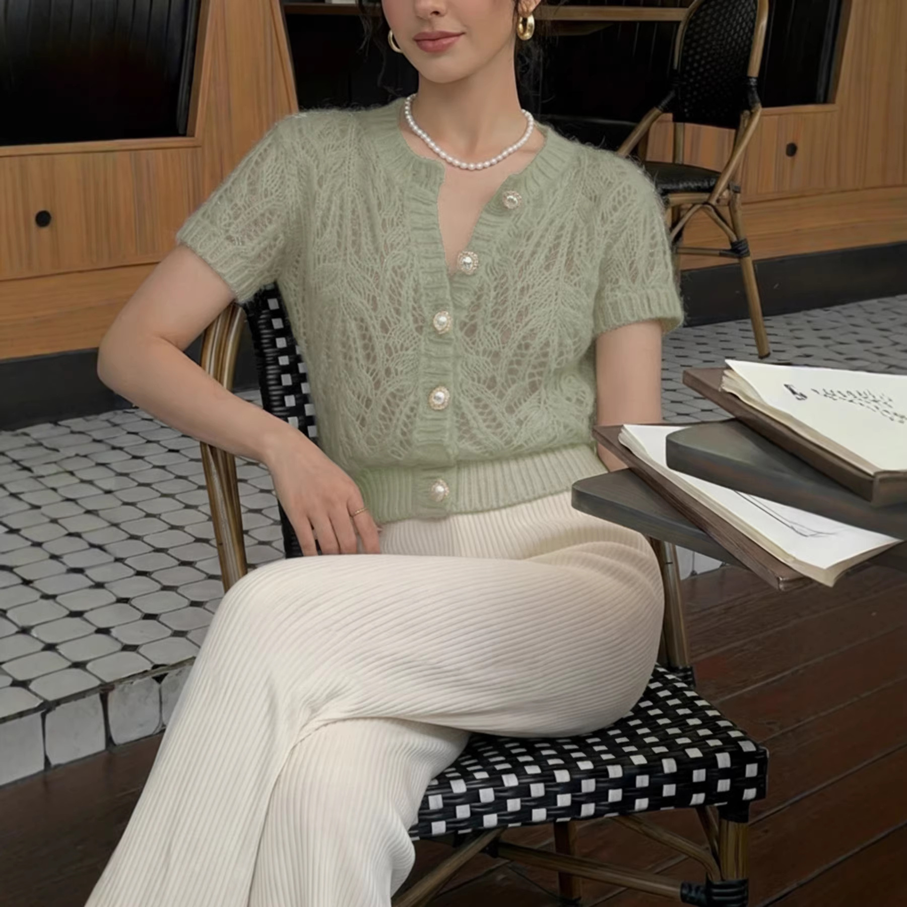 Women's Openwork Cardigan with Pearl Buttons and Round Neck