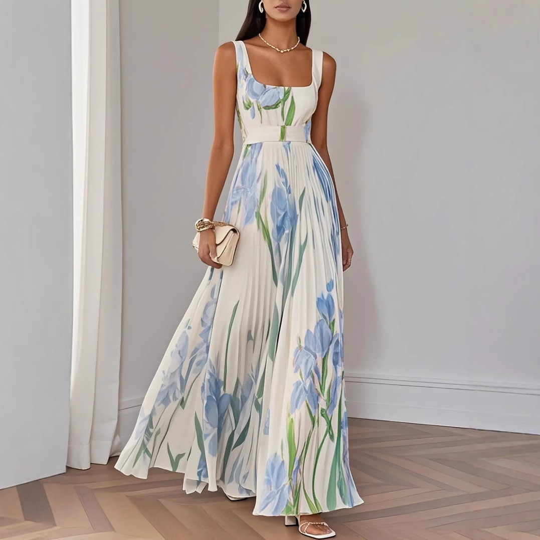 Women's Sleeveless Floral Midi Dress Digital Print Pleated A-Line