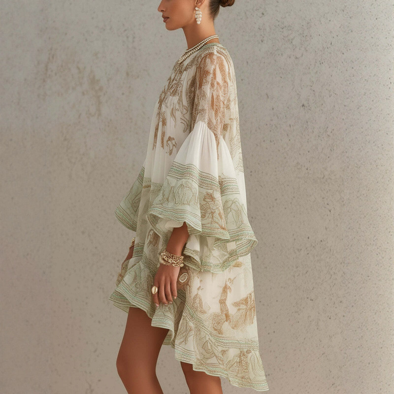 Women's Floral Ruffle Dress Boho Loose Flowy Short Vacation Dress
