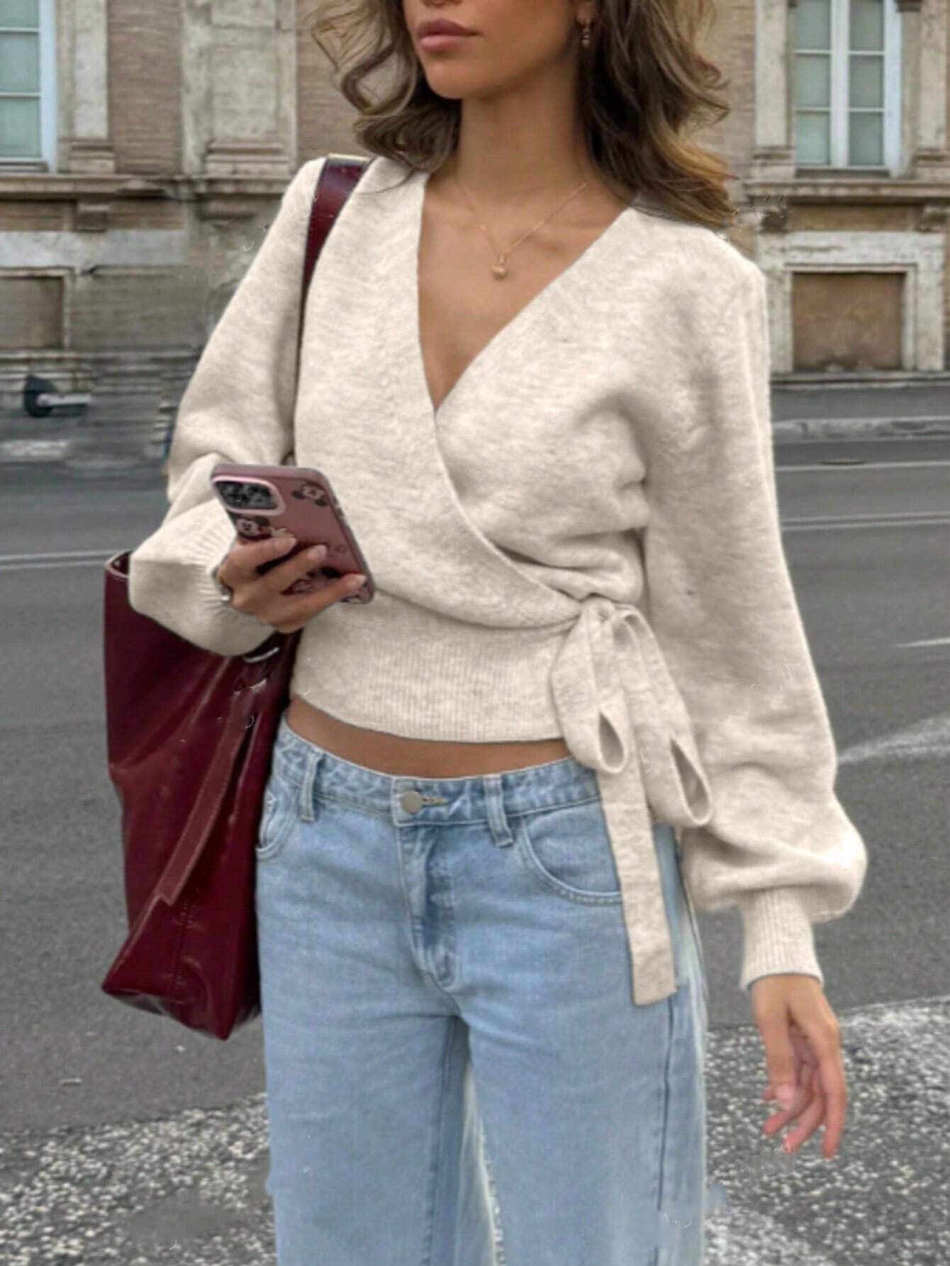 Cross V-Neck Asymmetric Tie Knit Top