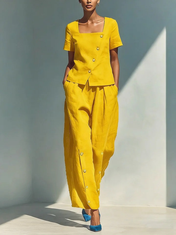 Women's Cotton-Linen Short Sleeve Top and High-Waist Pants Set