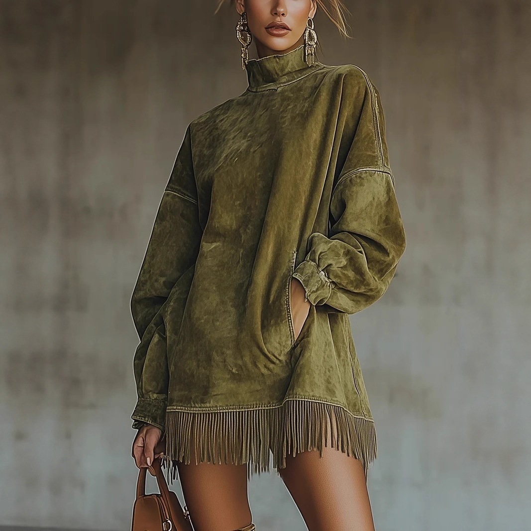 High Neck Faux Suede Fringe Long Sleeve Dress with Pockets