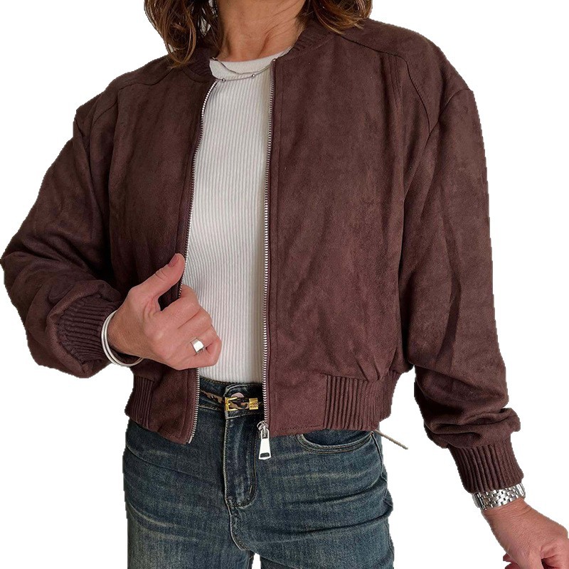 Women's Faux Suede Zip-Up Jacket Solid Color Casual Coat
