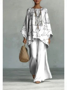 Printed Round Neck Top and Wide-Leg Pants Casual Two-Piece Set
